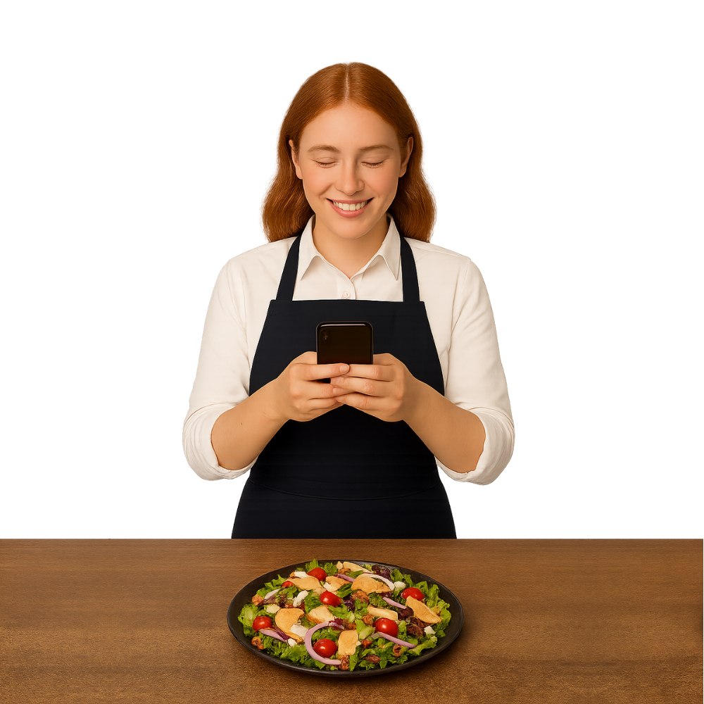Chef taking a photo of a salad with a smartphone
