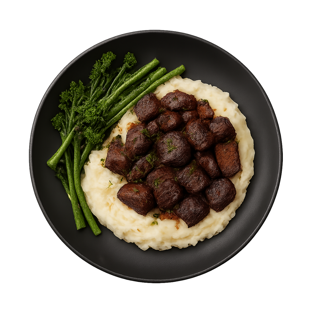 Enhanced beef tips with mash and broccolini