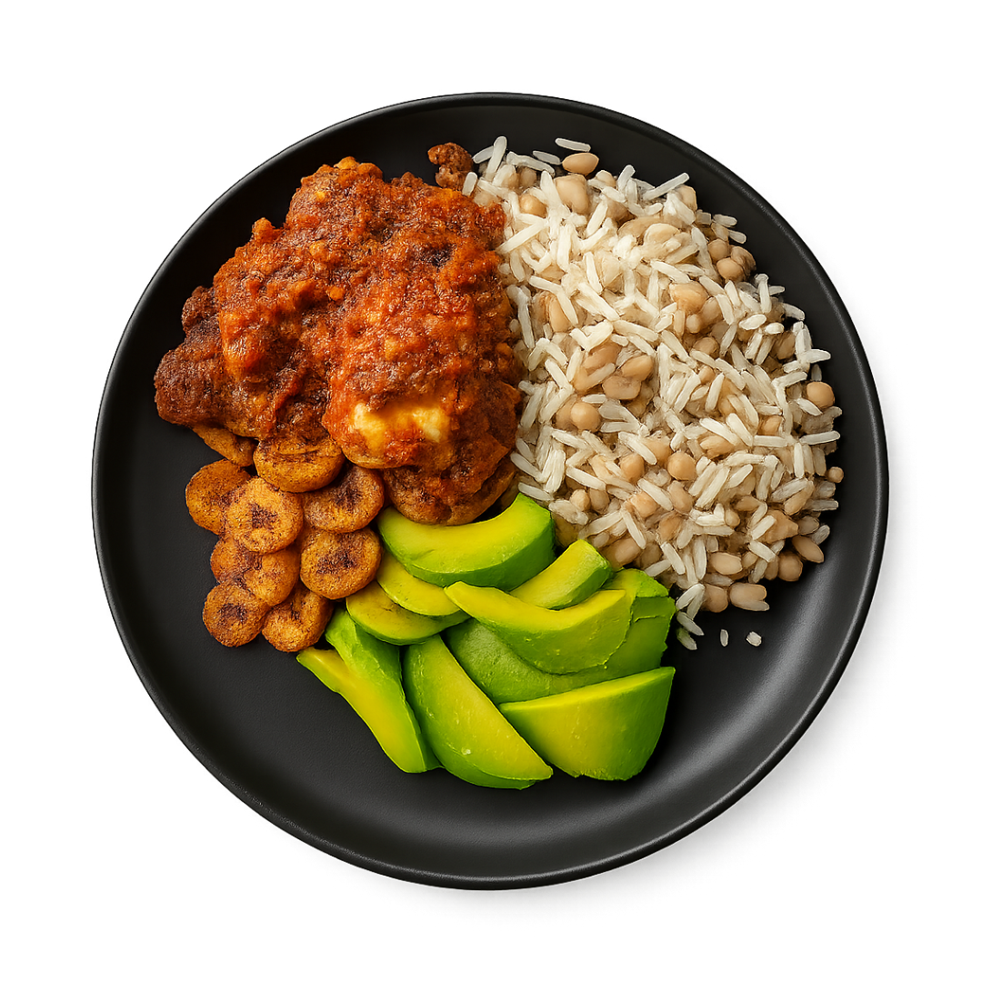 Enhanced chicken with rice and avocado