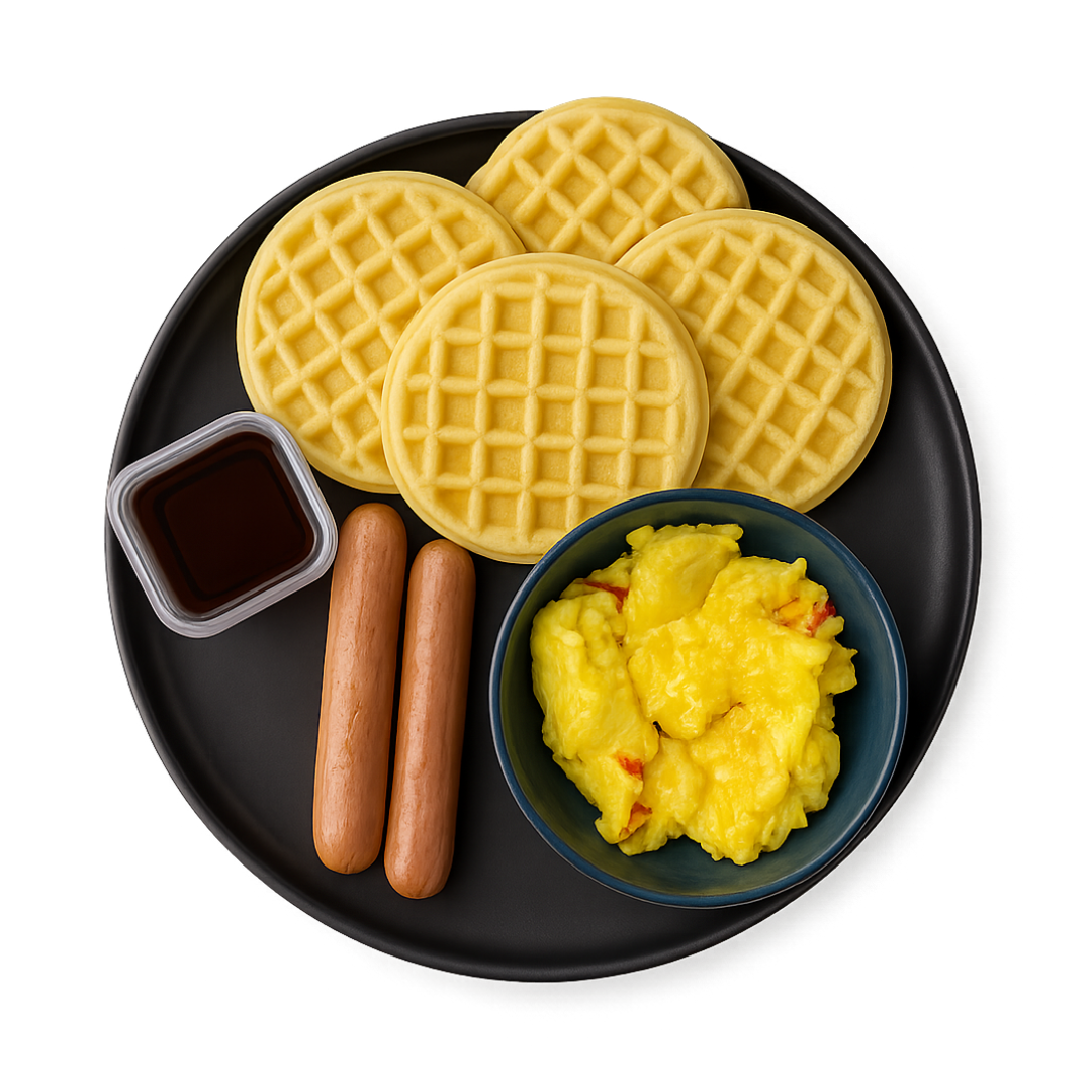 Enhanced waffles with sausage and eggs